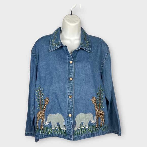Vintage Tantrums Denim Embroidered Safari Giraffe Elephant Blouse Petite Medium - Picture 1 of 6